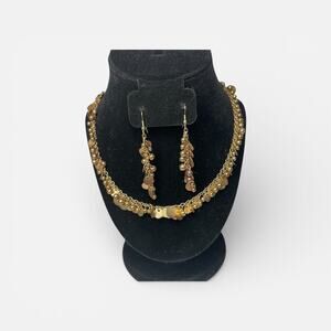 Vintage Gold Tone Coin Disc Necklace & Dangle Earring Set Boho Statement Jewelry